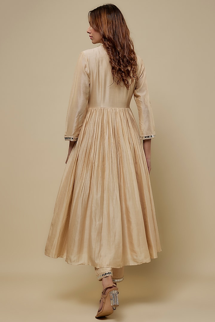 Beige Chanderi Mirror Hand Embroidered Party Wear Anarkali Set by ASAGA at Pernia's Pop Up Shop