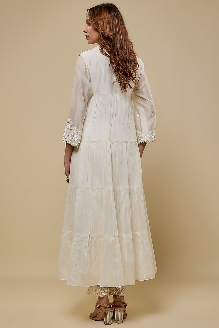 Ivory Chanderi Floral Hand Embroidered Wedding Anarkali Set by ASAGA at Pernia's Pop Up Shop
