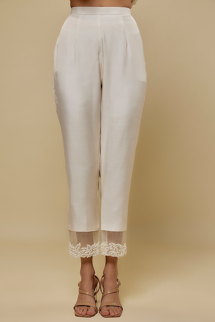 Ivory Chanderi Floral Hand Embroidered Wedding Anarkali Set by ASAGA at Pernia's Pop Up Shop