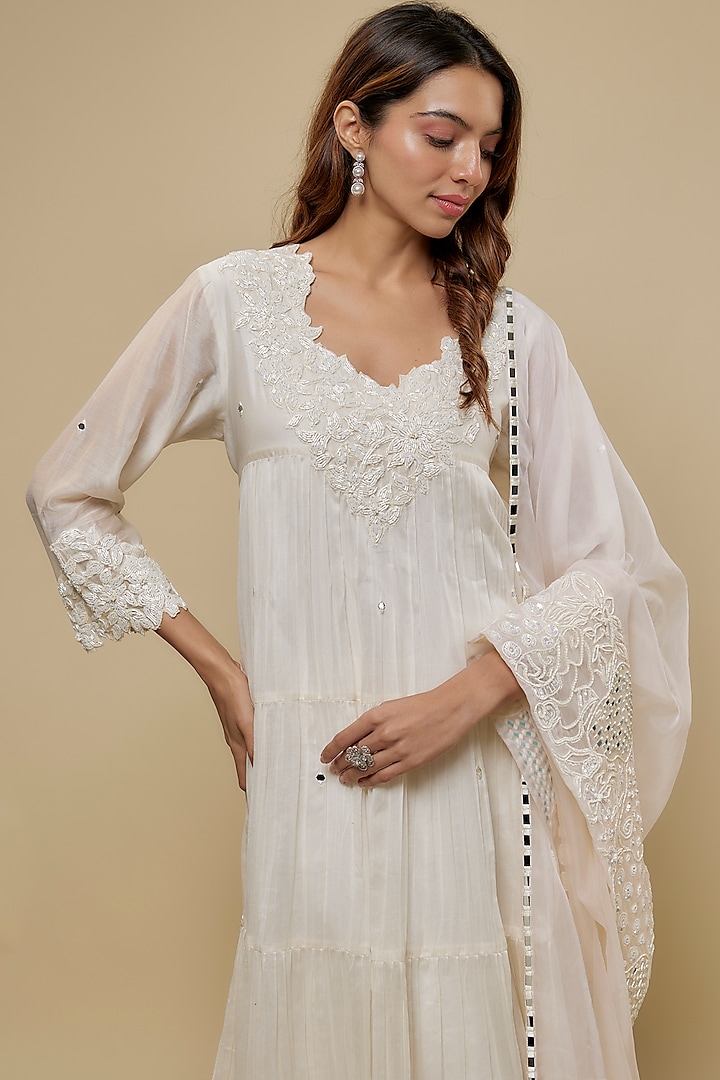Ivory Chanderi Floral Hand Embroidered Wedding Anarkali Set by ASAGA at Pernia's Pop Up Shop