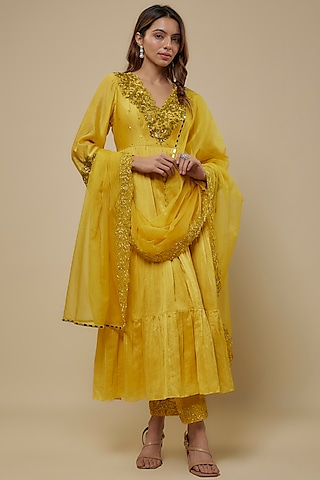 Yellow Chanderi Floral Hand Embroidered Anarkali Set by ASAGA