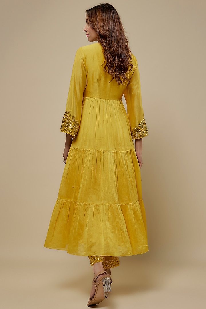 Yellow Chanderi Floral Hand Embroidered Party Wear Anarkali Set by ASAGA at Pernia's Pop Up Shop