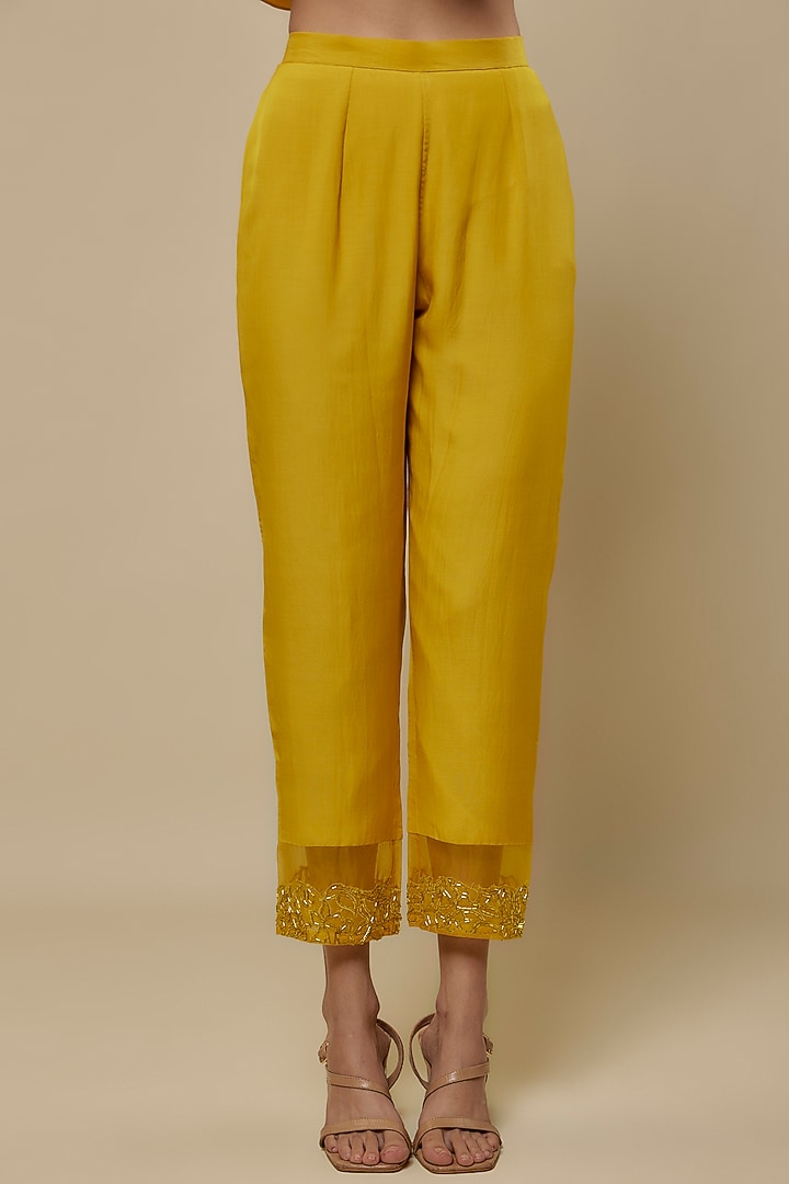 Yellow Chanderi Floral Hand Embroidered Party Wear Anarkali Set by ASAGA at Pernia's Pop Up Shop
