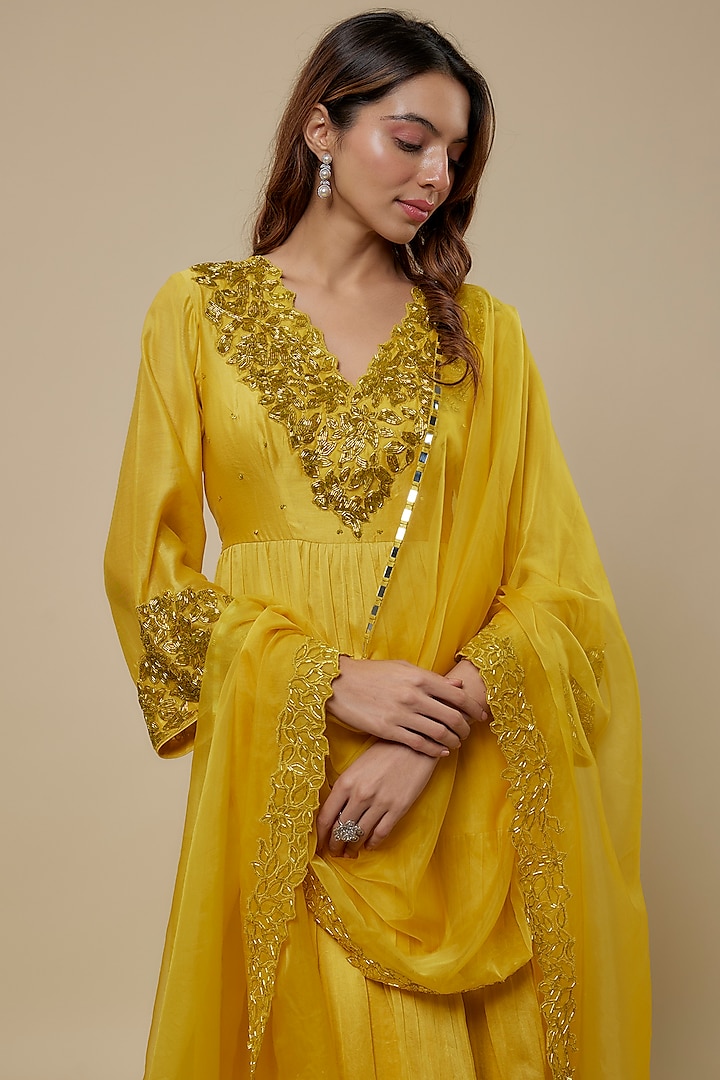 Yellow Chanderi Floral Hand Embroidered Party Wear Anarkali Set by ASAGA at Pernia's Pop Up Shop