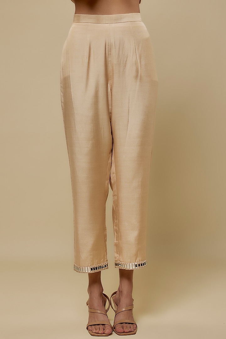 Beige Chanderi Hand Embroidered Kurta Set by ASAGA at Pernia's Pop Up Shop