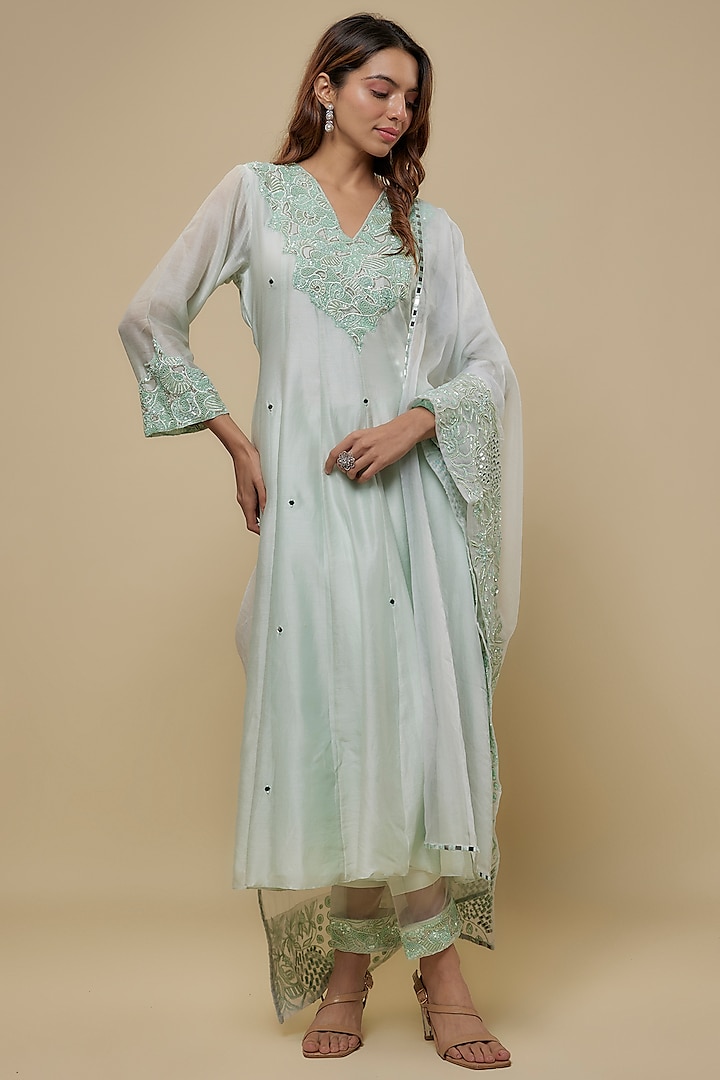 Mint Chanderi Hand Embroidered Anarkali Set by ASAGA at Pernia's Pop Up Shop