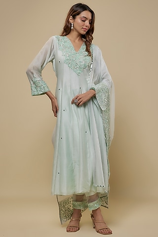 Mint Chanderi Hand Embroidered Anarkali Set by ASAGA