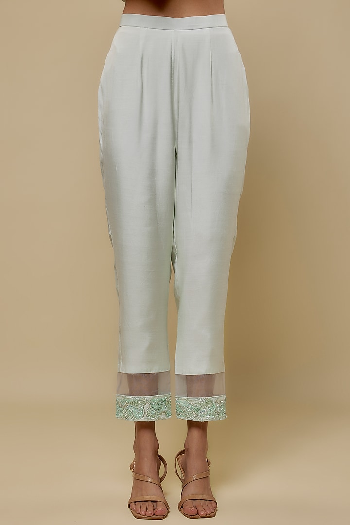 Mint Chanderi Hand Embroidered Wedding Anarkali Set by ASAGA at Pernia's Pop Up Shop