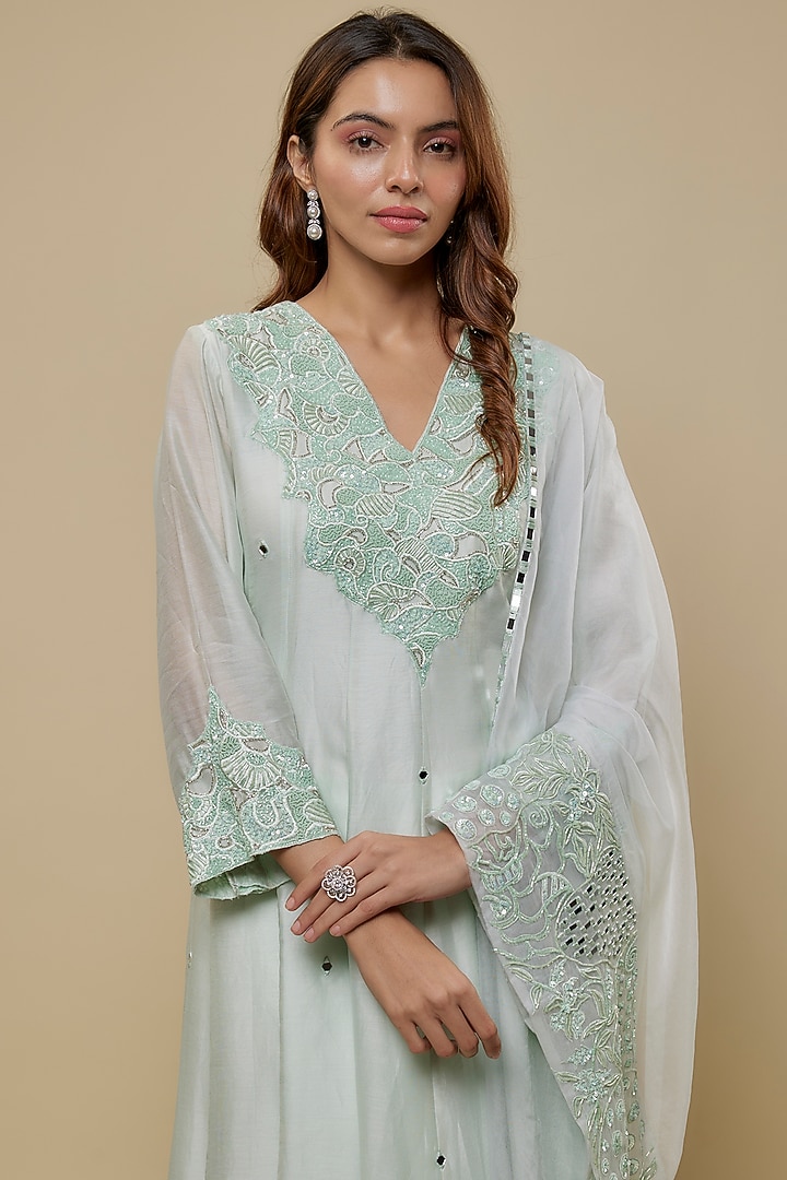 Mint Chanderi Hand Embroidered Wedding Anarkali Set by ASAGA at Pernia's Pop Up Shop