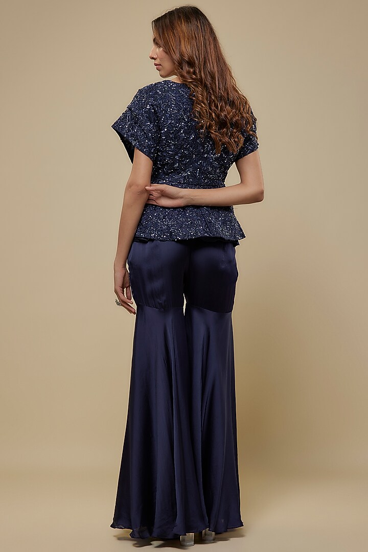 Navy Blue Satin Organza Wedding Sharara Set by ASAGA at Pernia's Pop Up Shop