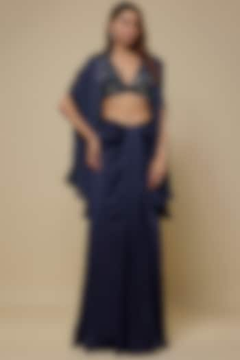 Navy Blue Satin Organza Draped Skirt Set by ASAGA at Pernia's Pop Up Shop