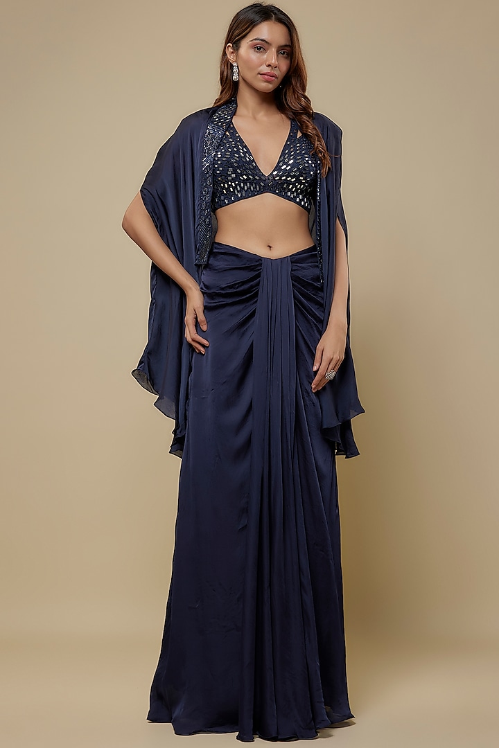 Navy Blue Satin Organza Draped Skirt Set by ASAGA at Pernia's Pop Up Shop