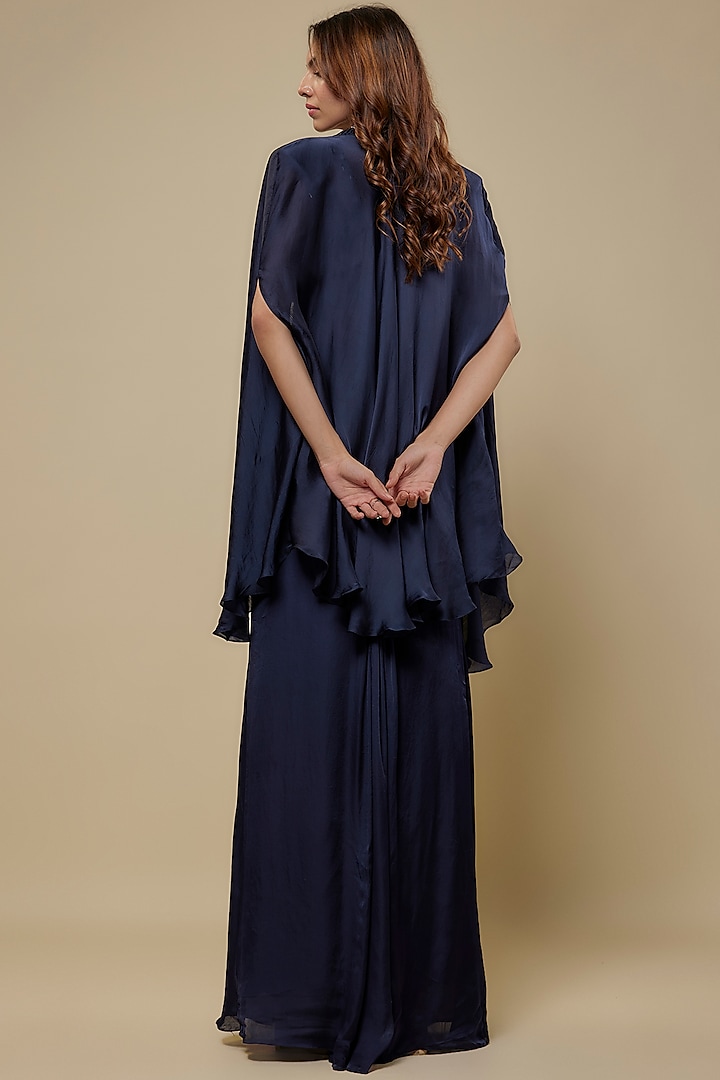 Navy Blue Satin Organza Draped Skirt Set by ASAGA at Pernia's Pop Up Shop