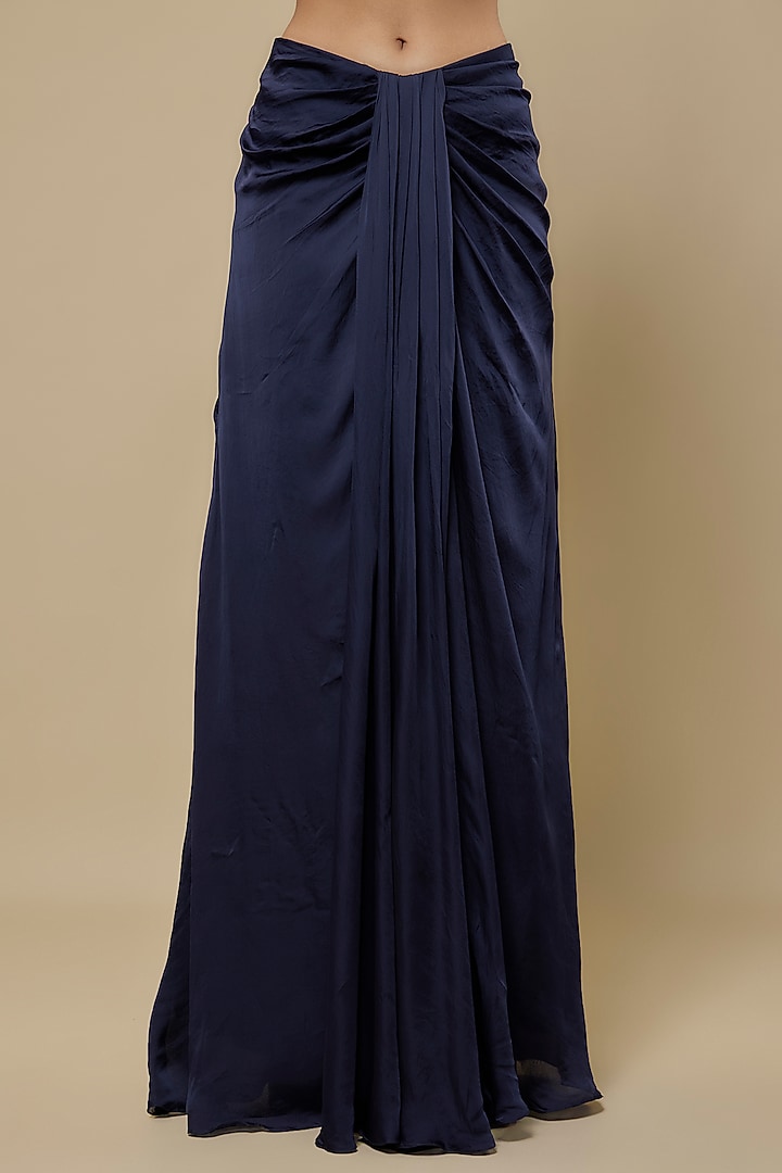Navy Blue Satin Organza Draped Skirt Set by ASAGA at Pernia's Pop Up Shop