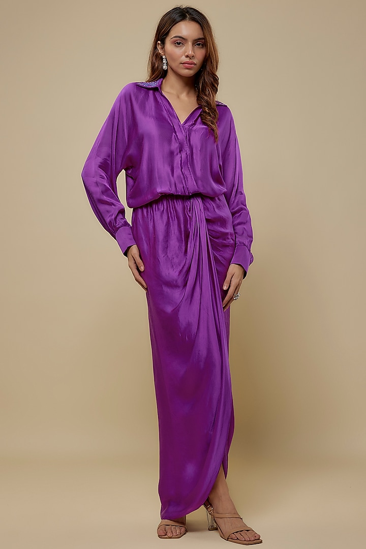 Purple Satin Embroidered Draped Dress by ASAGA at Pernia's Pop Up Shop