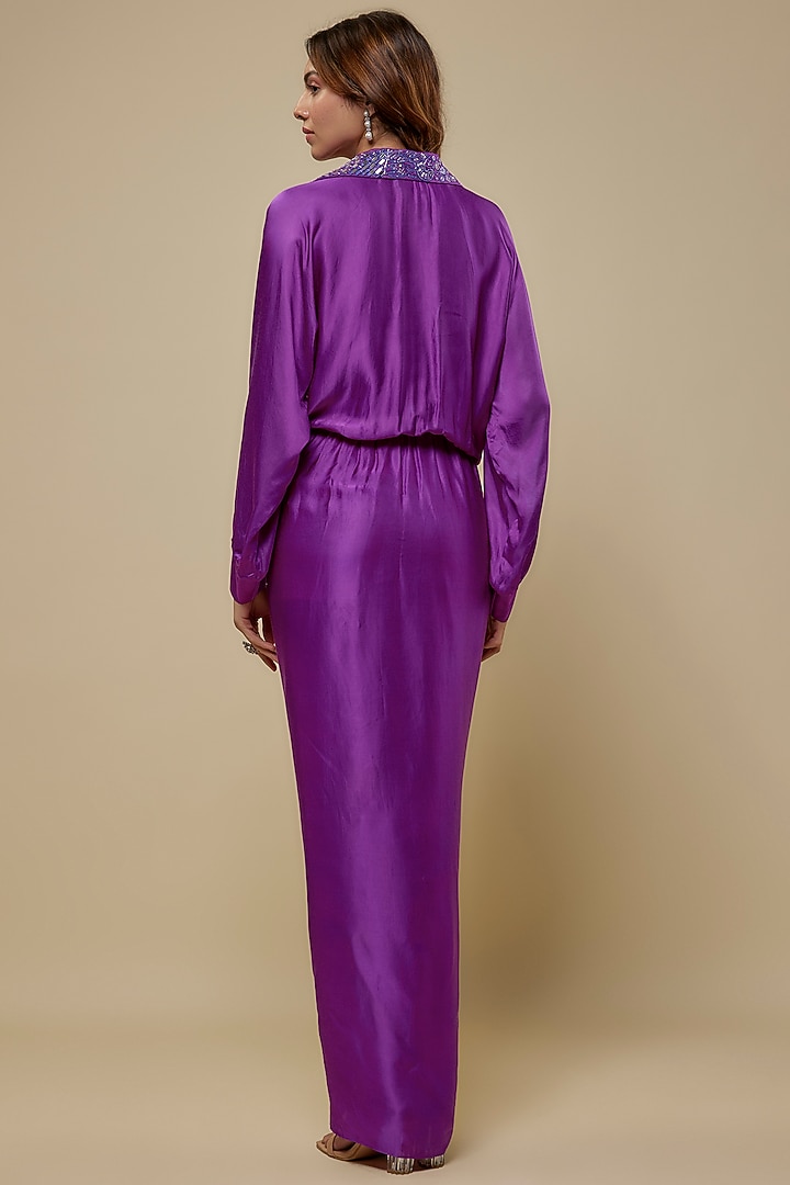 Purple Satin Embroidered Draped Vacation Dress by ASAGA at Pernia's Pop Up Shop