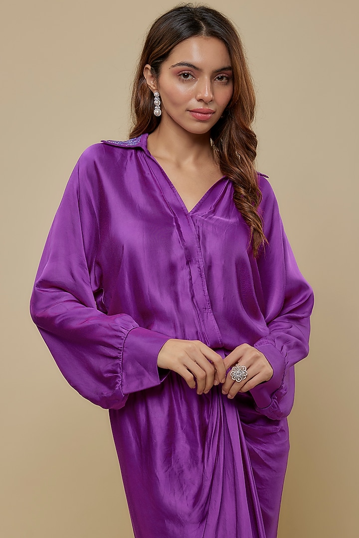 Purple Satin Embroidered Draped Vacation Dress by ASAGA at Pernia's Pop Up Shop