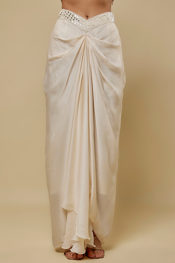 Ivory Satin Organza Draped Skirt Set by ASAGA at Pernia's Pop Up Shop