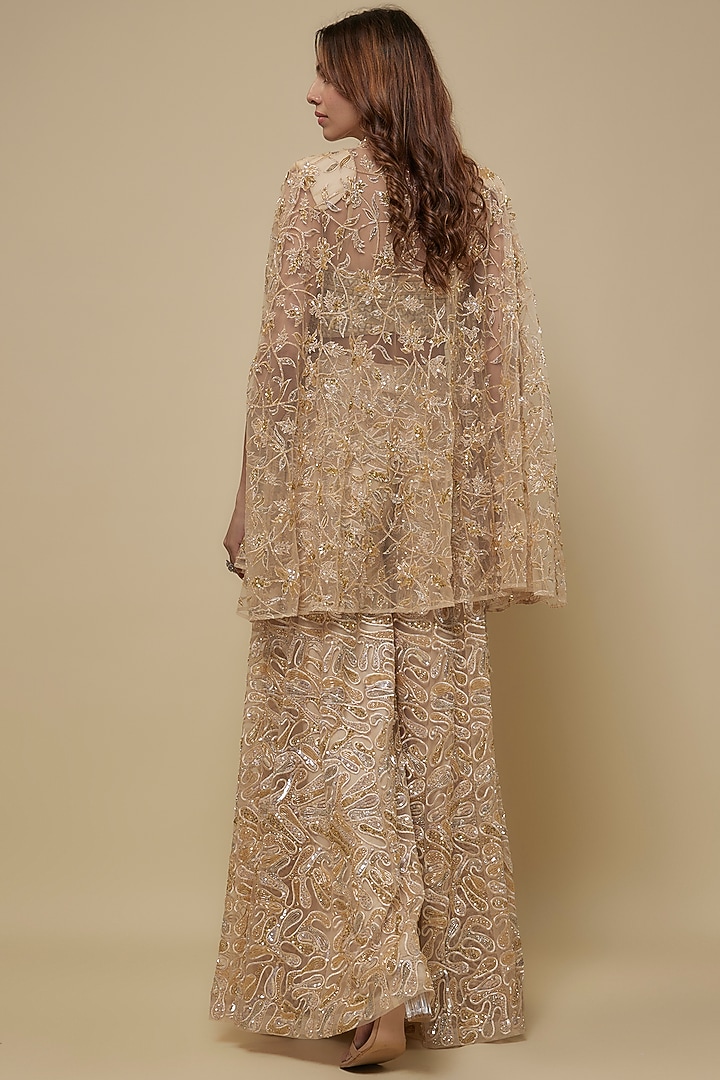 Beige Tulle Embroidered Pant Set by ASAGA at Pernia's Pop Up Shop