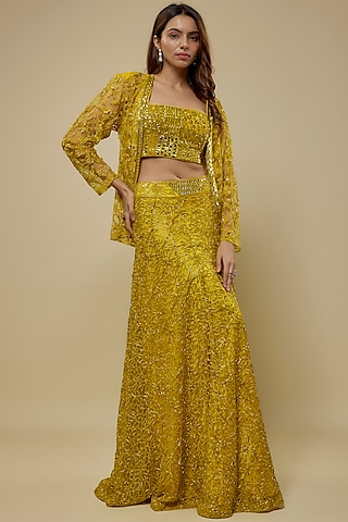 Yellow Satin Organza Embroidered Skirt Set by ASAGA