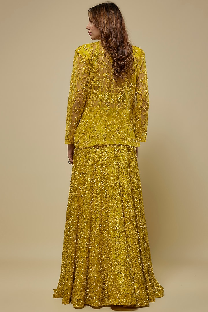 Yellow Satin Organza Embroidered Skirt Set by ASAGA at Pernia's Pop Up Shop