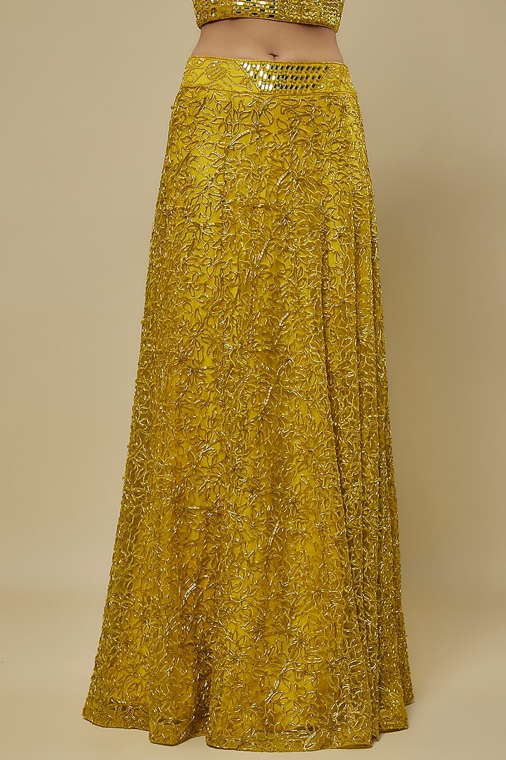 Yellow Satin Organza Embroidered Skirt Set by ASAGA at Pernia's Pop Up Shop