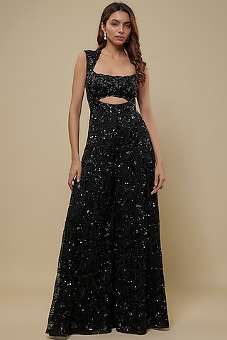 Black Tulle & Satin Organza Embroidered Jumpsuit by ASAGA