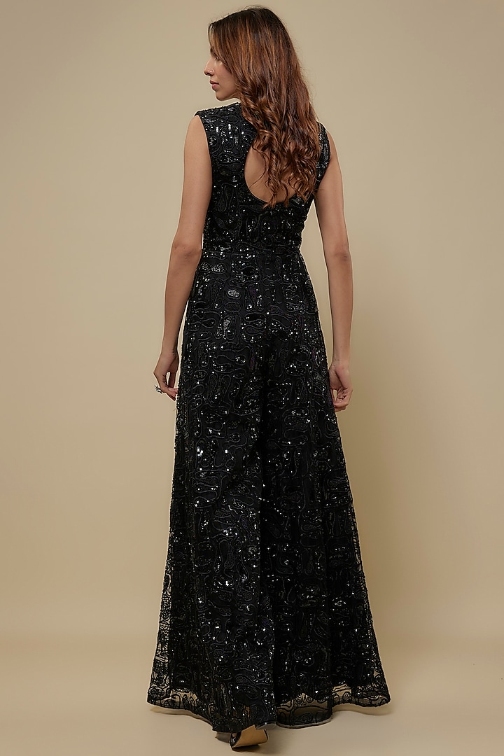 Black Tulle & Satin Organza Embroidered Jumpsuit by ASAGA at Pernia's Pop Up Shop