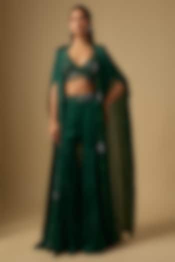 Emerald Green Satin Tulle Hand & Machine Embroidered Cape Set by ASAGA at Pernia's Pop Up Shop