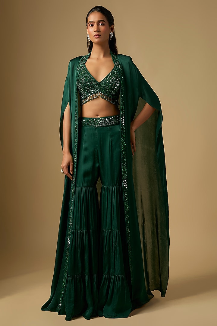 Emerald Green Satin Tulle Hand & Machine Embroidered Cape Set by ASAGA at Pernia's Pop Up Shop