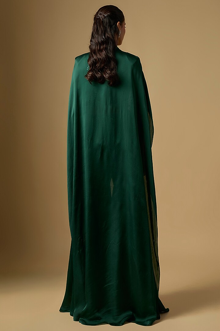 Emerald Green Satin Tulle Hand & Machine Embroidered Cape Set by ASAGA at Pernia's Pop Up Shop