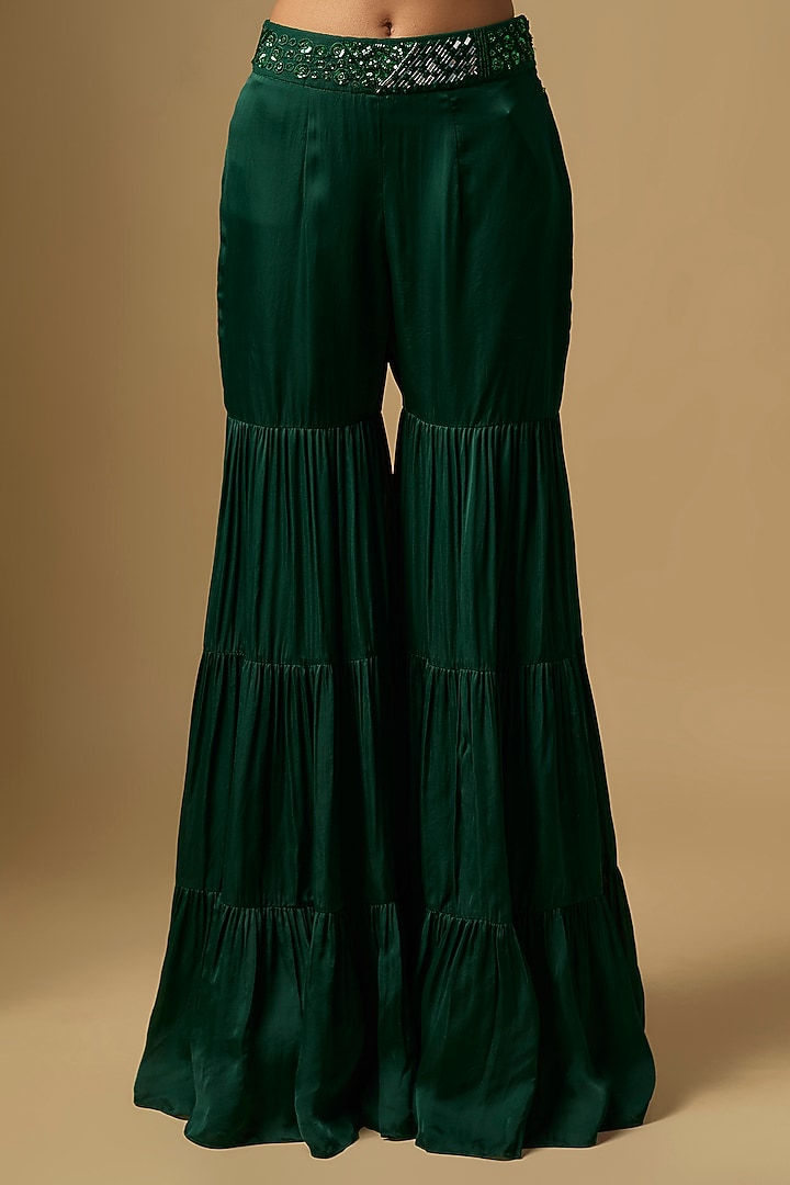 Emerald Green Satin Tulle Hand & Machine Embroidered Cape Set by ASAGA at Pernia's Pop Up Shop