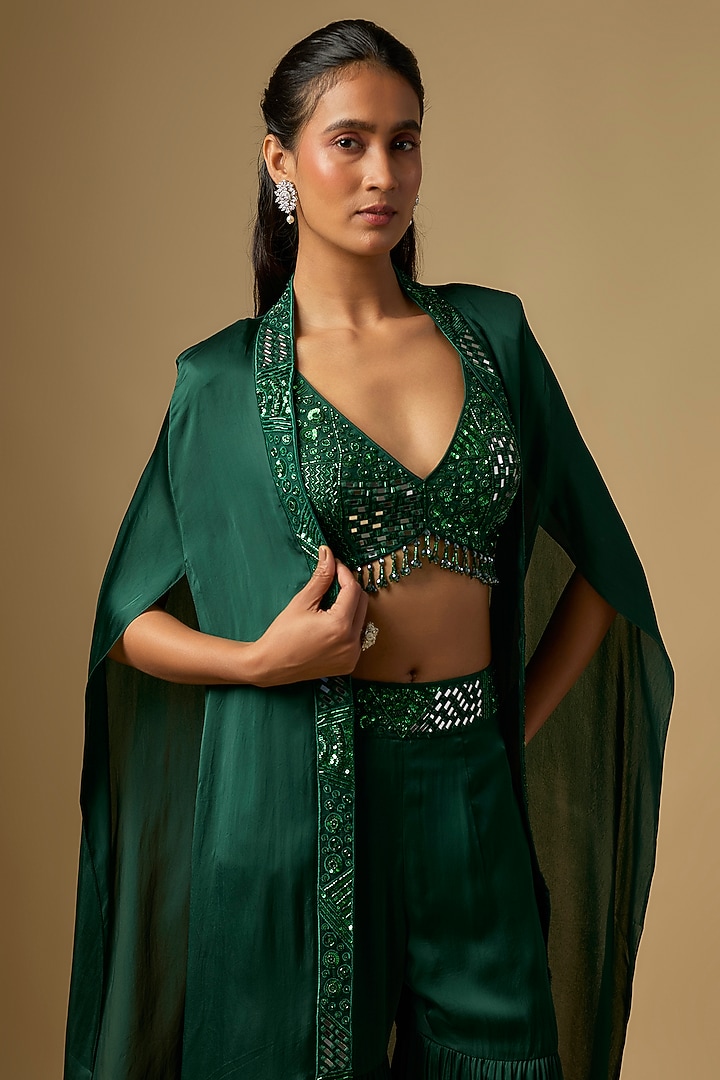 Emerald Green Satin Tulle Hand & Machine Embroidered Cape Set by ASAGA at Pernia's Pop Up Shop