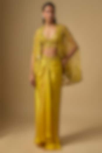 Yellow Satin Tulle Draped Skirt Set by ASAGA at Pernia's Pop Up Shop