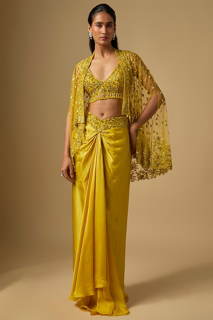 Yellow Satin Tulle Draped Skirt Set by ASAGA at Pernia's Pop Up Shop