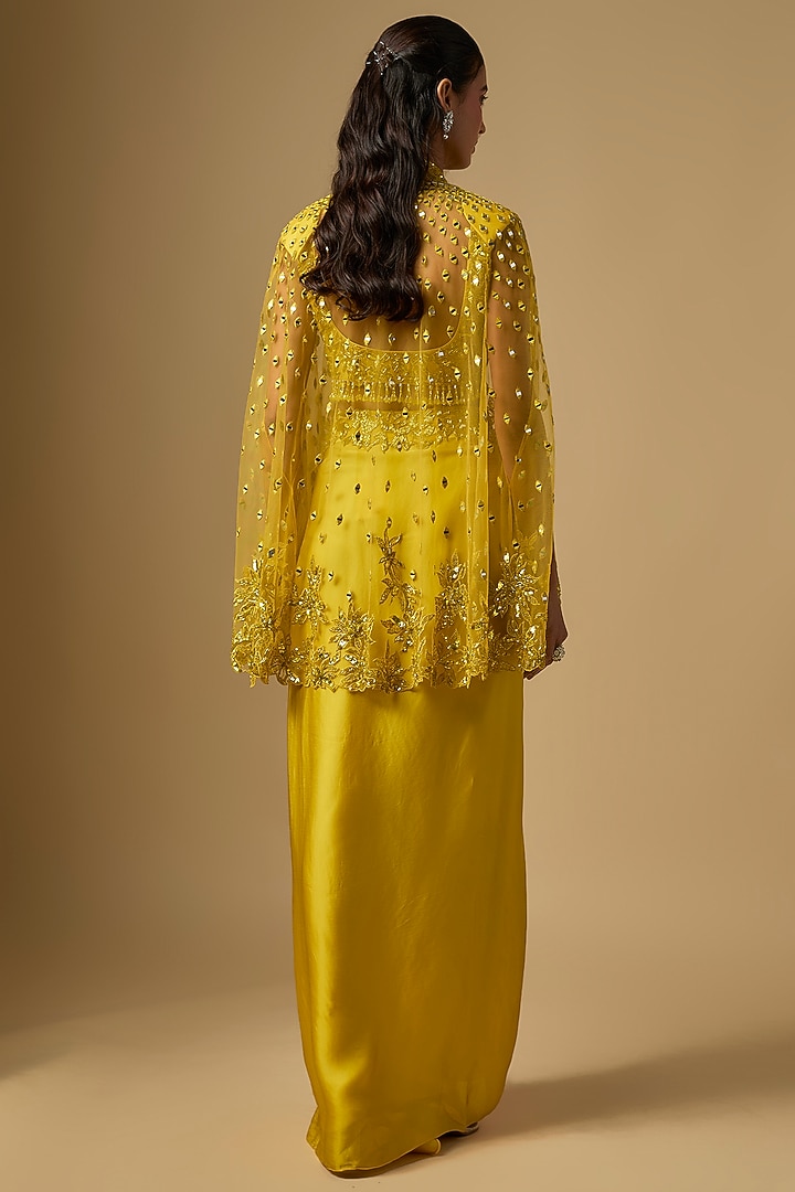 Yellow Satin Tulle Draped Skirt Set by ASAGA at Pernia's Pop Up Shop