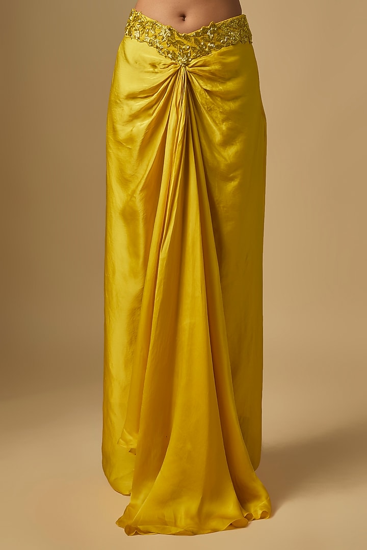 Yellow Satin Tulle Draped Skirt Set by ASAGA at Pernia's Pop Up Shop