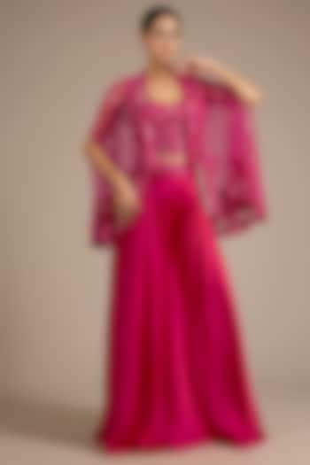 Fuchsia Satin Tulle Wedding Sharara Set by ASAGA at Pernia's Pop Up Shop