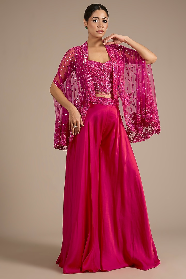 Fuchsia Satin Tulle Wedding Sharara Set by ASAGA at Pernia's Pop Up Shop
