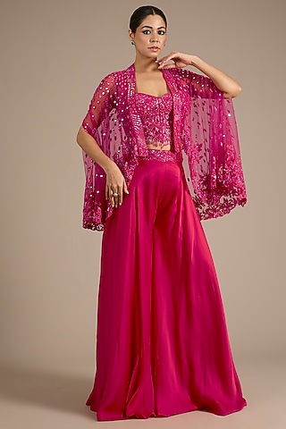 Fuchsia Satin Tulle Sharara Set by ASAGA