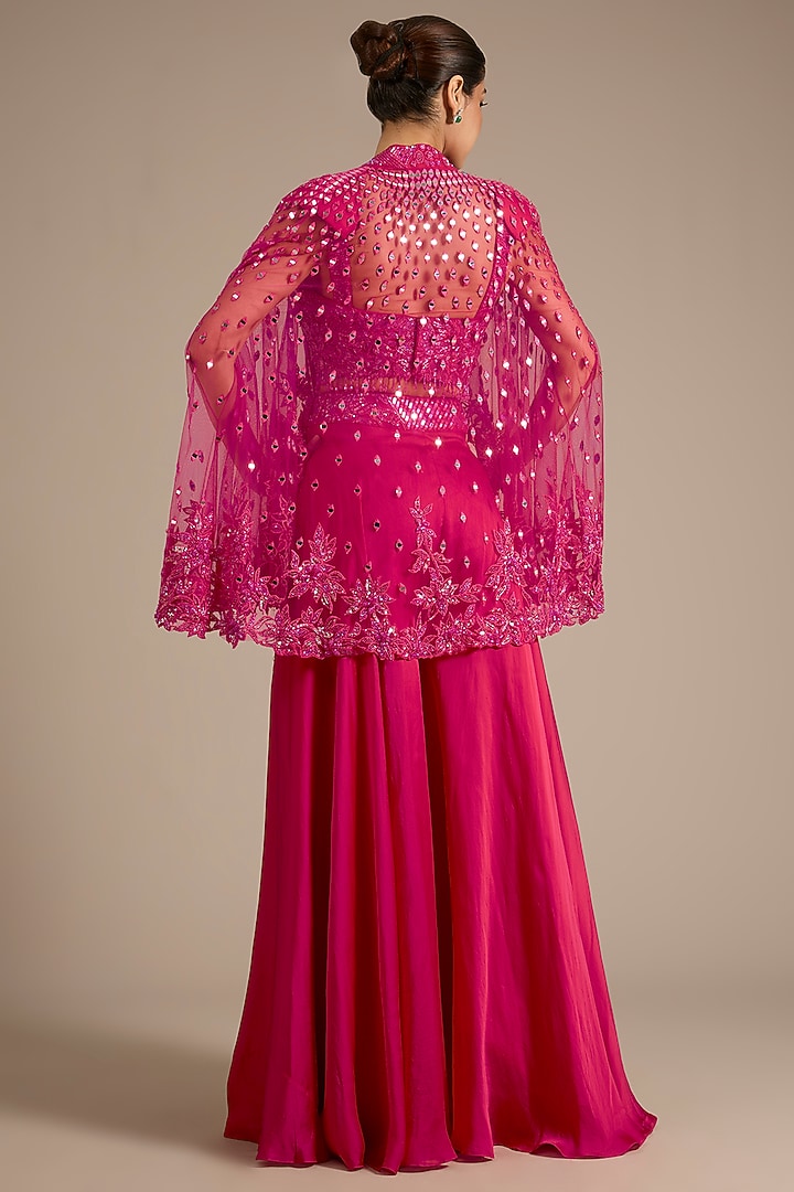Fuchsia Satin Tulle Wedding Sharara Set by ASAGA at Pernia's Pop Up Shop