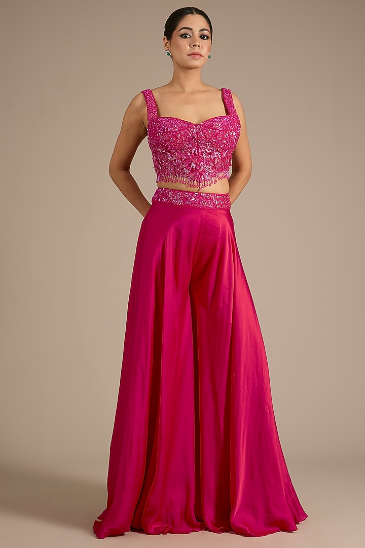 Fuchsia Satin Tulle Wedding Sharara Set by ASAGA at Pernia's Pop Up Shop