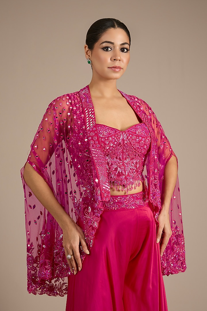 Fuchsia Satin Tulle Wedding Sharara Set by ASAGA at Pernia's Pop Up Shop