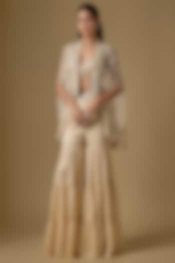 Beige Satin Wedding Sharara Set by ASAGA at Pernia's Pop Up Shop