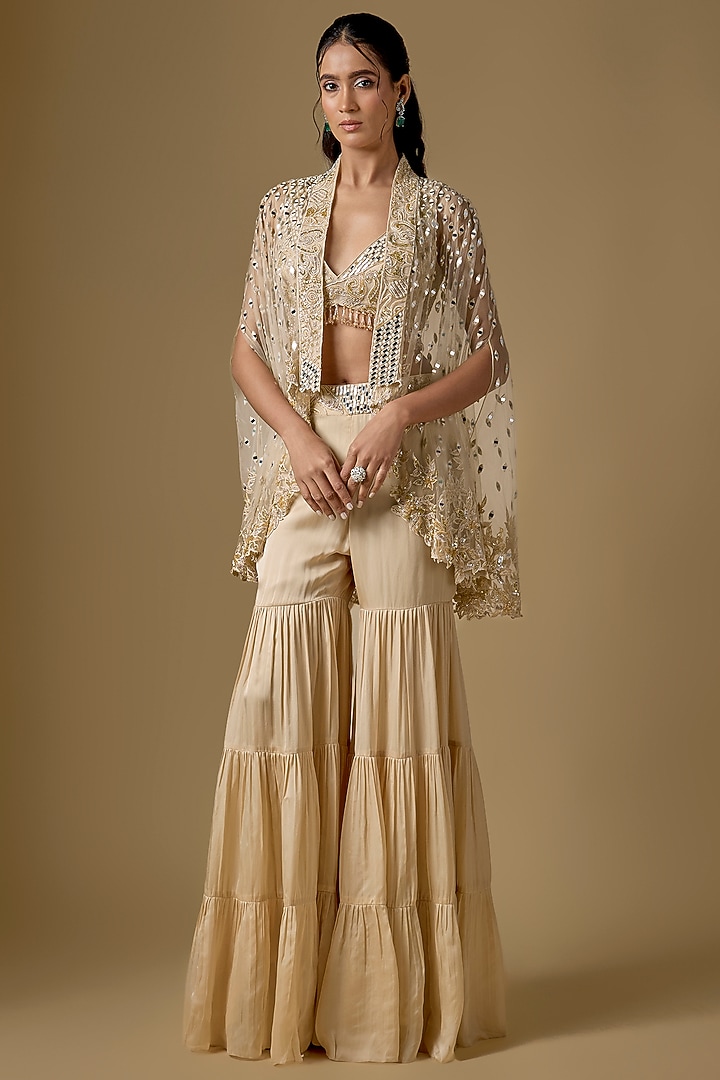 Beige Satin Wedding Sharara Set by ASAGA at Pernia's Pop Up Shop