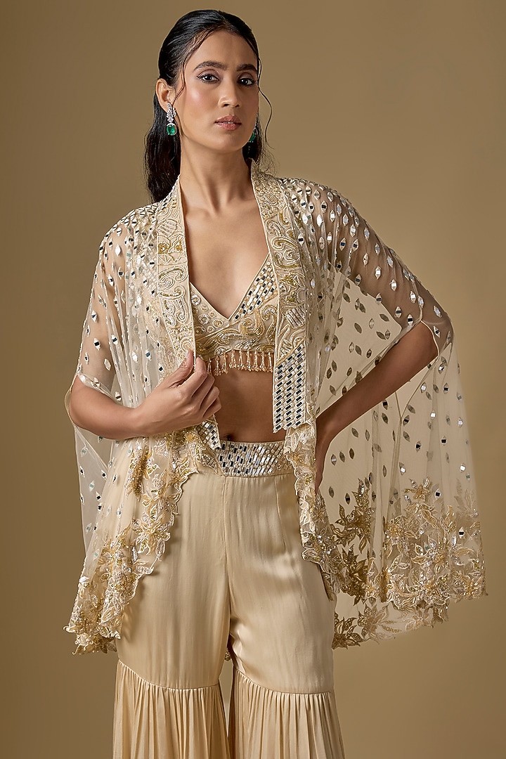 Beige Satin Wedding Sharara Set by ASAGA at Pernia's Pop Up Shop