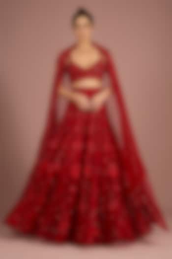 Red Tulle Rose Embroidered Bridal Lehenga Set by ASAGA at Pernia's Pop Up Shop