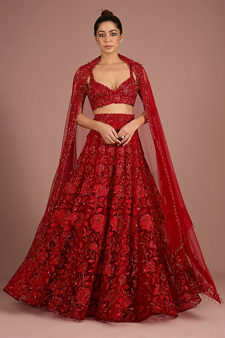 Red Tulle Rose Embroidered Bridal Lehenga Set by ASAGA at Pernia's Pop Up Shop