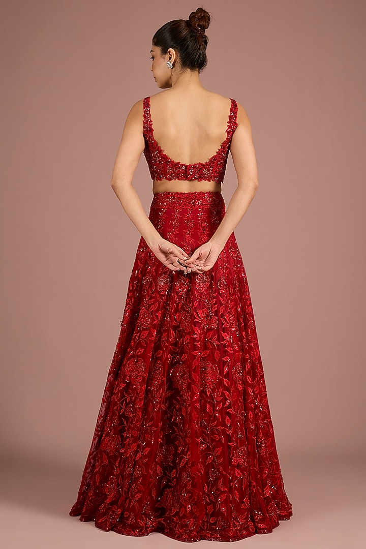 Red Tulle Rose Embroidered Bridal Lehenga Set by ASAGA at Pernia's Pop Up Shop
