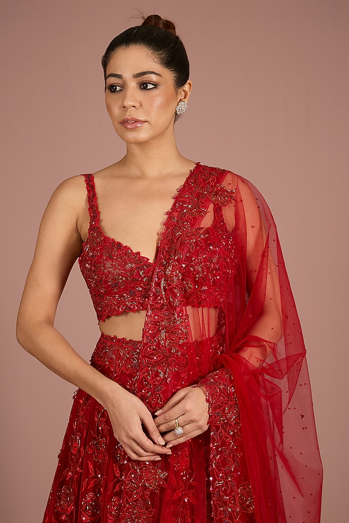 Red Tulle Rose Embroidered Bridal Lehenga Set by ASAGA at Pernia's Pop Up Shop